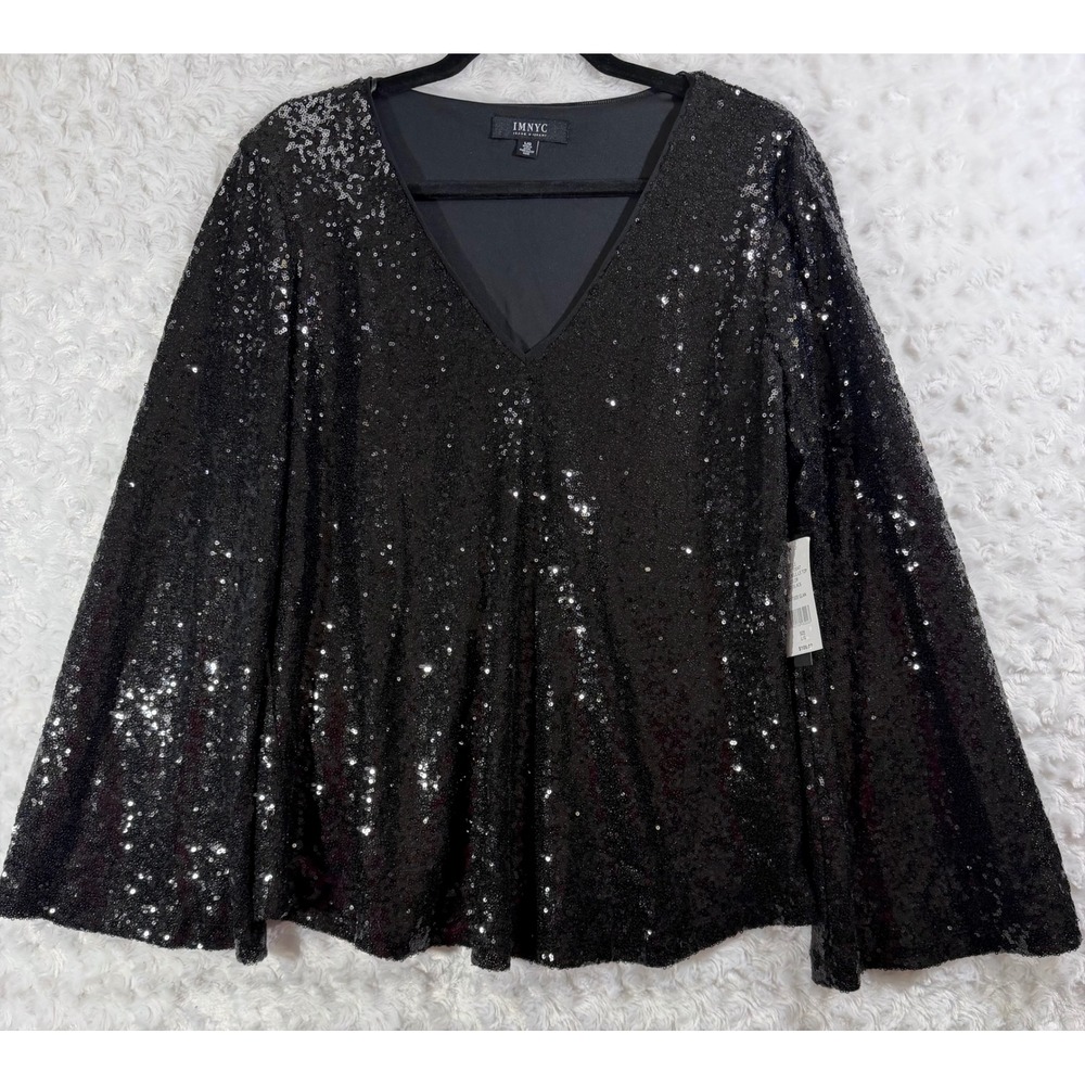 IMNYC Isaac Mizrahi Women's Large Black Sequin Bell Sleeve Top V-Neck Blouse NEW